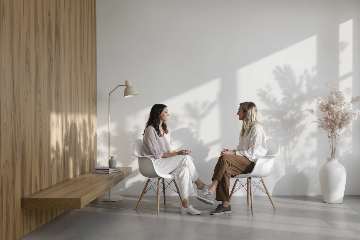 Two women seated in a calm consultation room